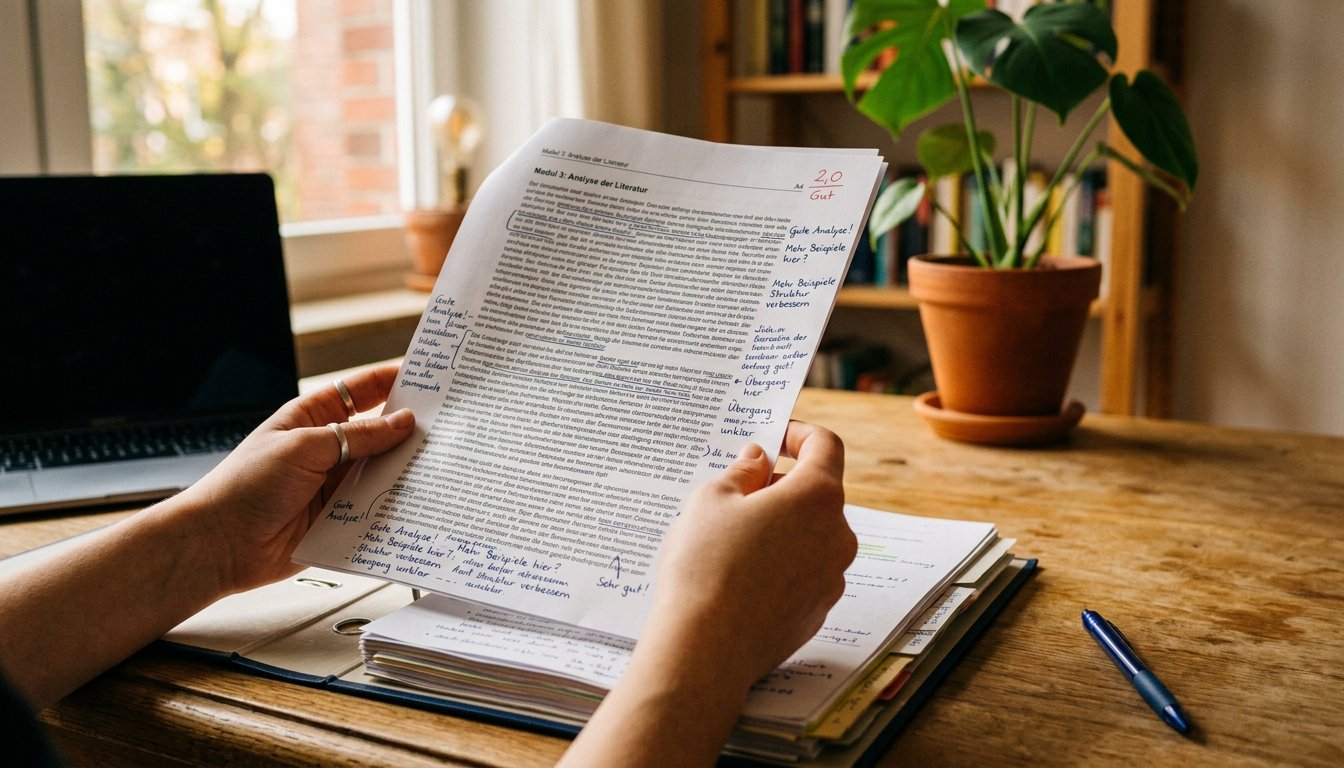 Korrigierte Einsendeaufgabe mit handschriftlichen Anmerkungen auf einem Schreibtisch