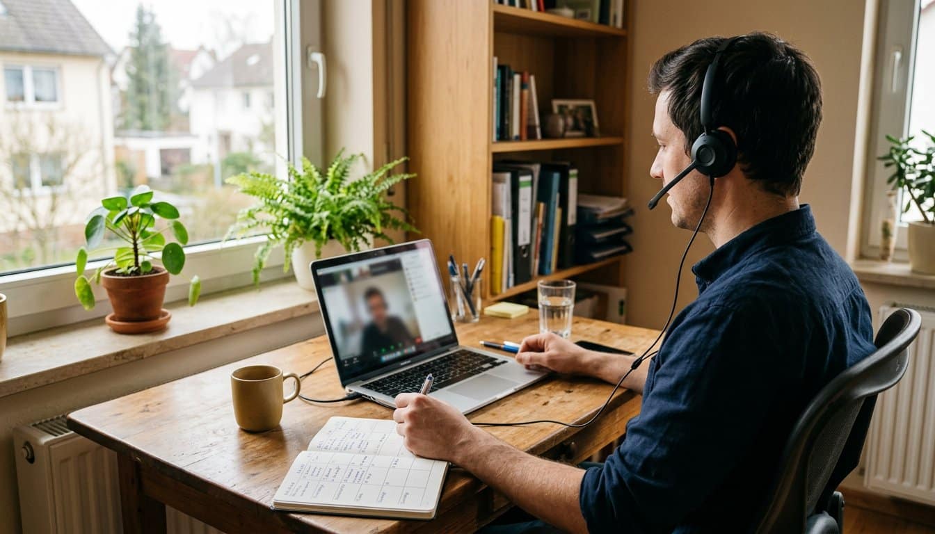 Mann im Online-Beratungsgespräch am heimischen Schreibtisch, von der Seite gesehen