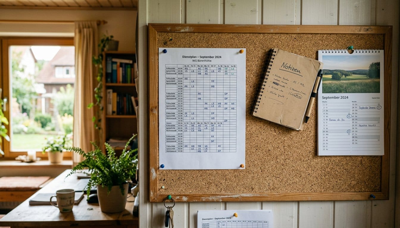 Dienstplan mit Früh-, Spät- und Wochenenddiensten an einer Pinnwand im Dienstzimmer