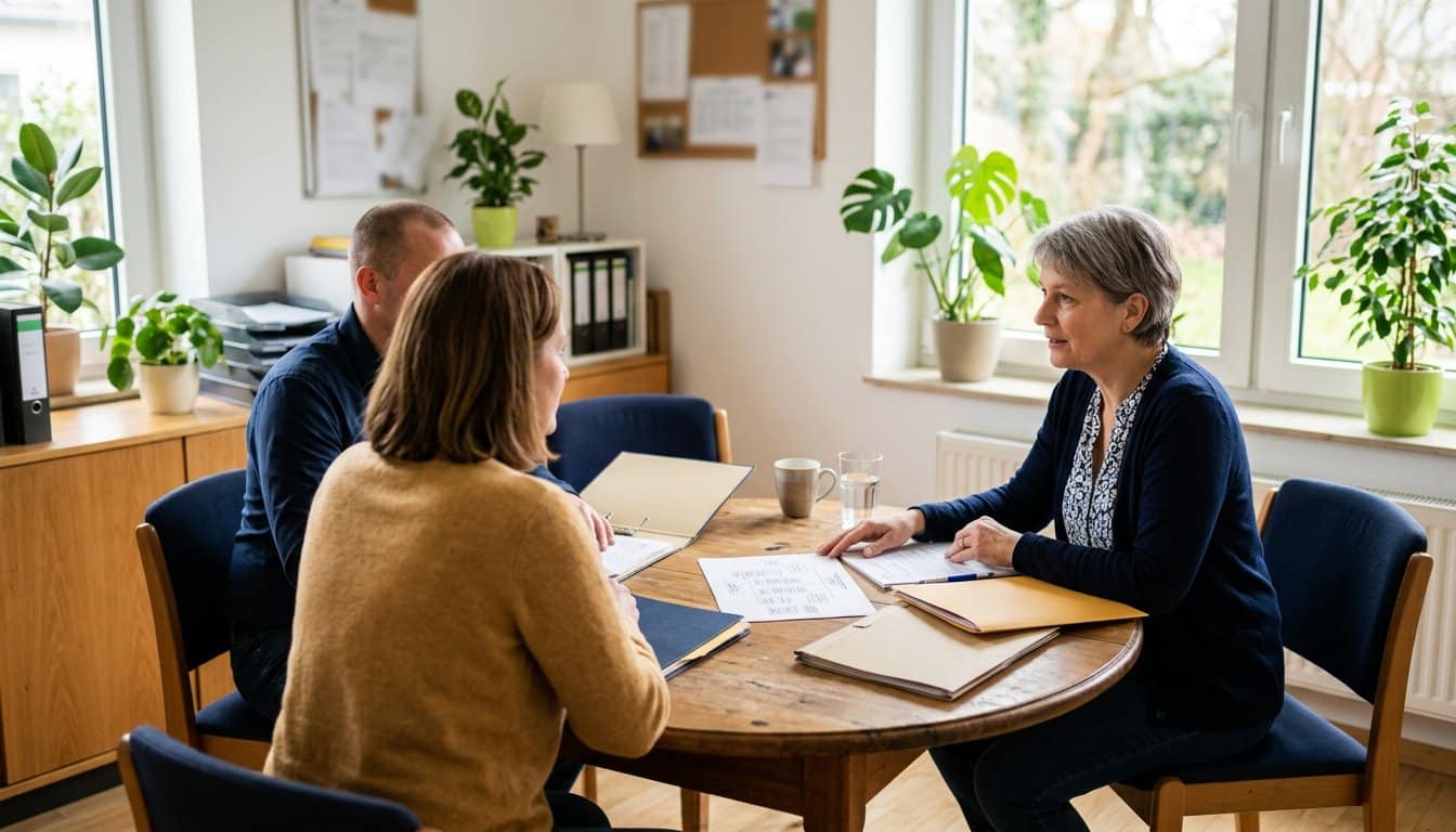 Leitungskraft einer sozialen Einrichtung bespricht mit zwei Kolleginnen die Personalplanung