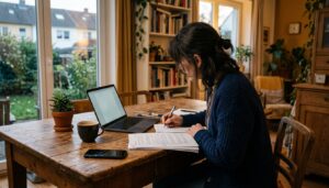 Berufstätige Frau lernt abends am Küchentisch mit Laptop und korrigierten Studienunterlagen
