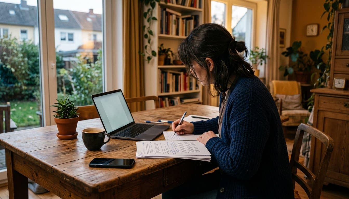 Berufstätige Frau lernt abends am Küchentisch mit Laptop und korrigierten Studienunterlagen